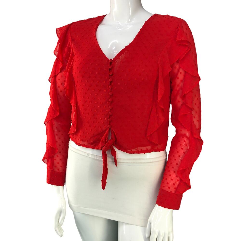Bardot Womens Size 8 M Dobby Ruffle Tie Blouse V Neck Long Sleeve Swiss Dot Red